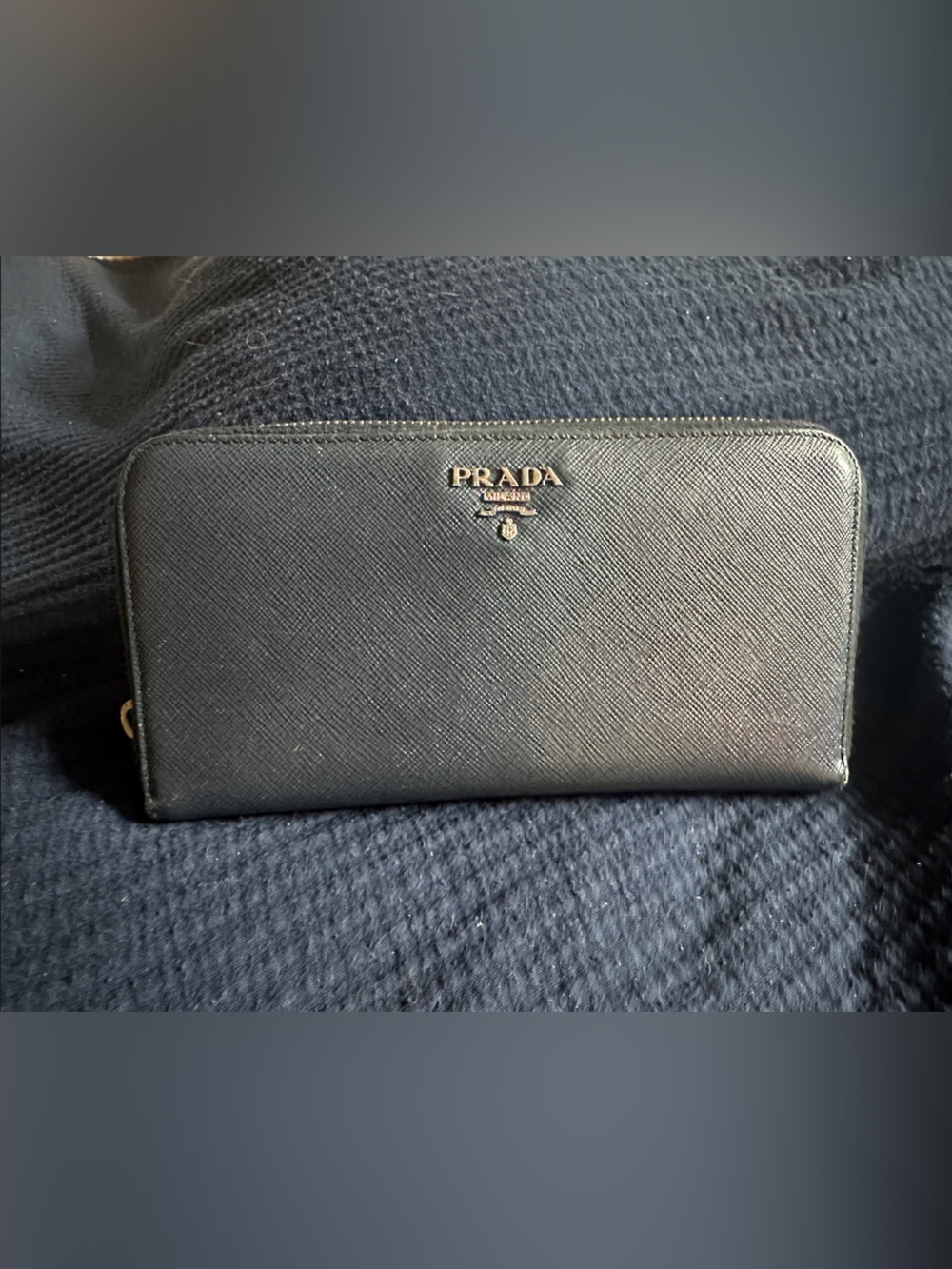 Prada Blue Saffiano Zip-Around Wallet with Silver Logo